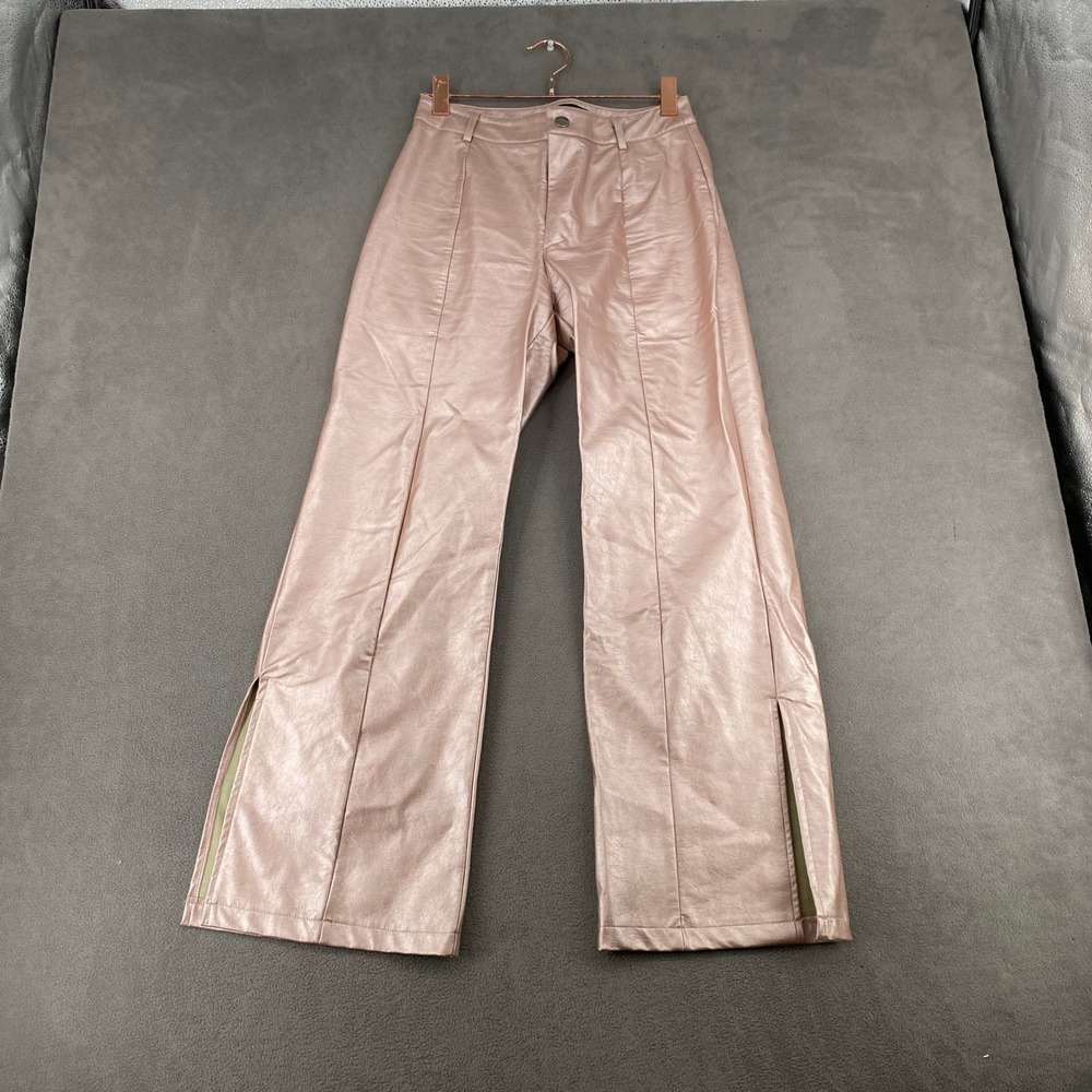 Forever 21 Metallic Rose Gold Faux Leather Wide Leg Pants Side Slit Pink Medium